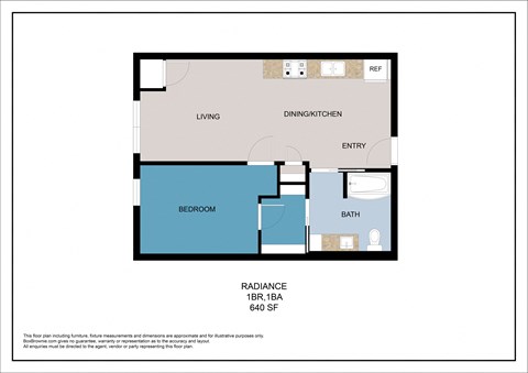 Floor plan for 1 bed, 1 bath, 640 sqft